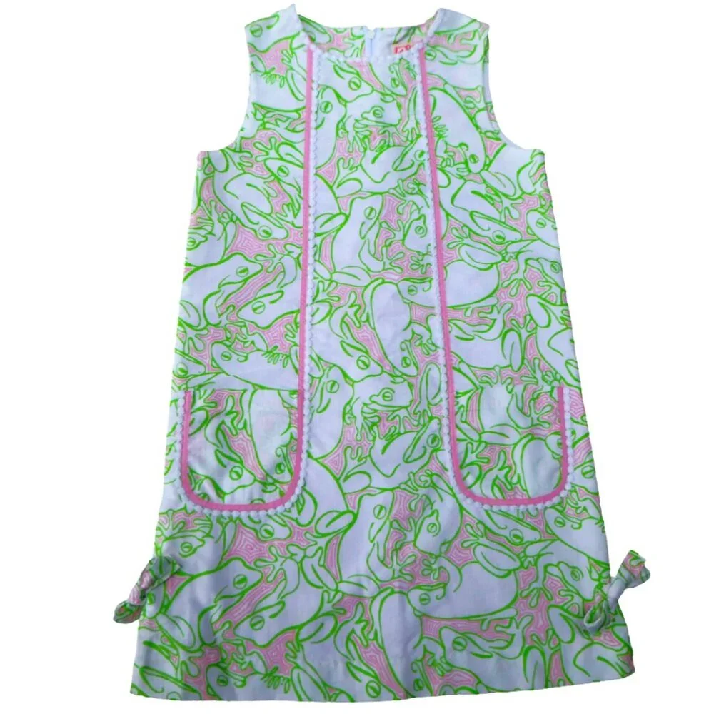 Lilly Pulitzer Originals Girls Shift Dress Green Pink Lilly Pad Hidden Frogs 10 - Picture 1 of 9